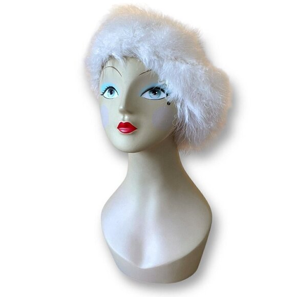 Vintage 1960s Womens White Maribou Feather Beret Mod Twiggy Twee Cloud Hat - Picture 2 of 11